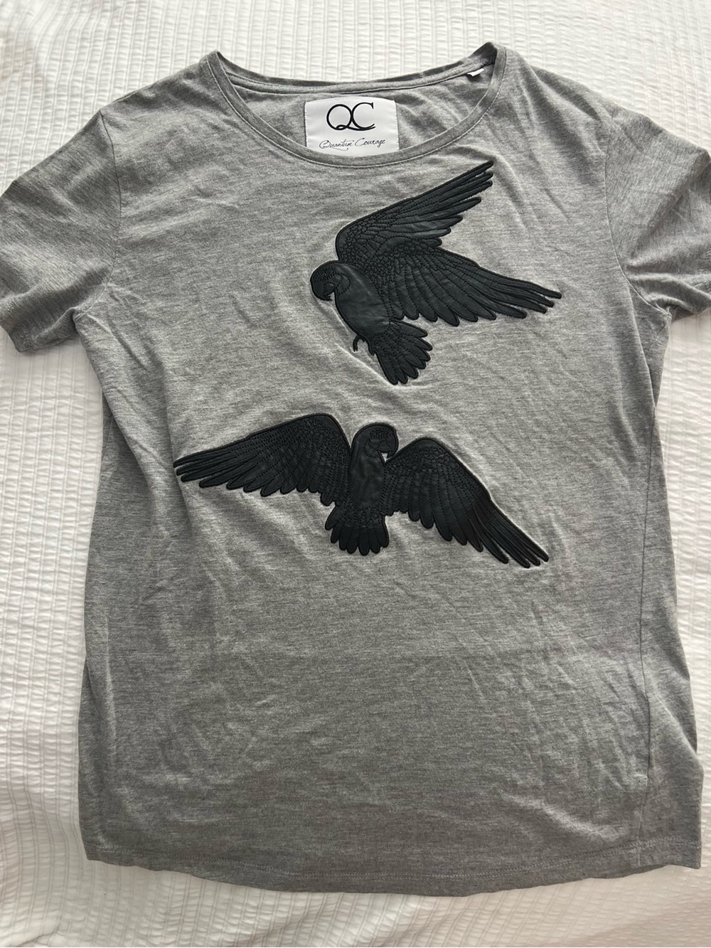 QC Couture Gray Tee with Black Bird Applique